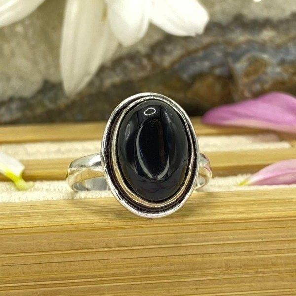 anillo obsidiana baño plata premium