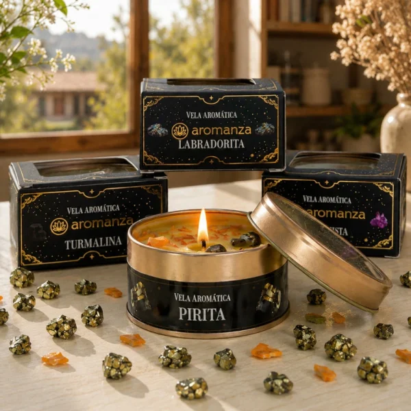 aroma vela con organica con cristales